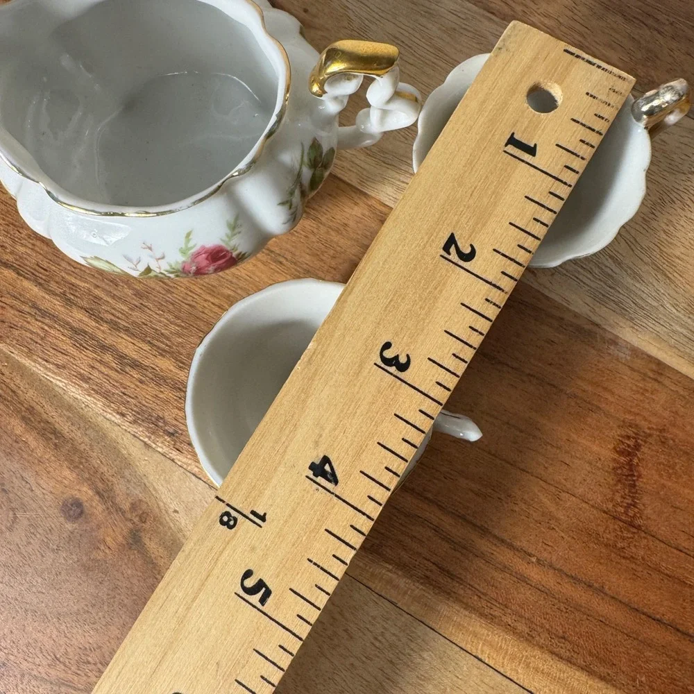 Miniature Porcelain Tea Set Creamer Teacups White Pink Gold Floral Vintage 3pc